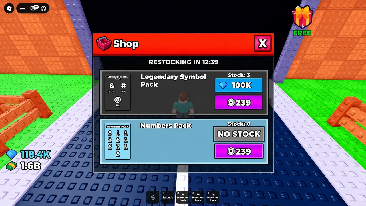 Shop menu displaying the Legendary Symbol Pack option alongside other pack tiers