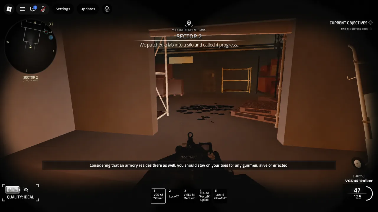Sector 2 entrance with the objective to find the Sector 2 code on screen