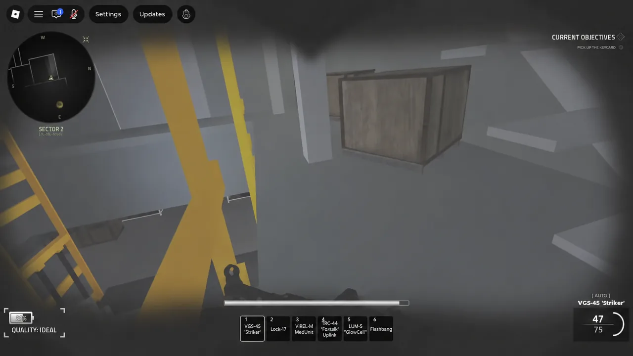 Objective panel reading Pick up the keycard while the player searches the industrial area