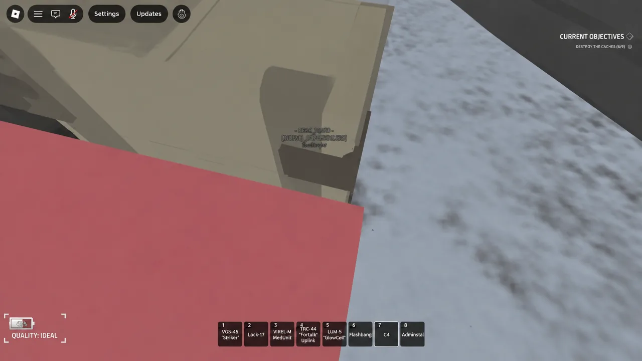 HUD objective showing Destroy the caches 6 of 9 as the player nears a marked cache