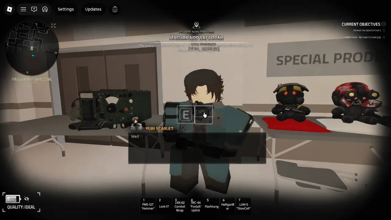 Interact prompt highlighted while talking to Yuri Scarlet in the safe zone