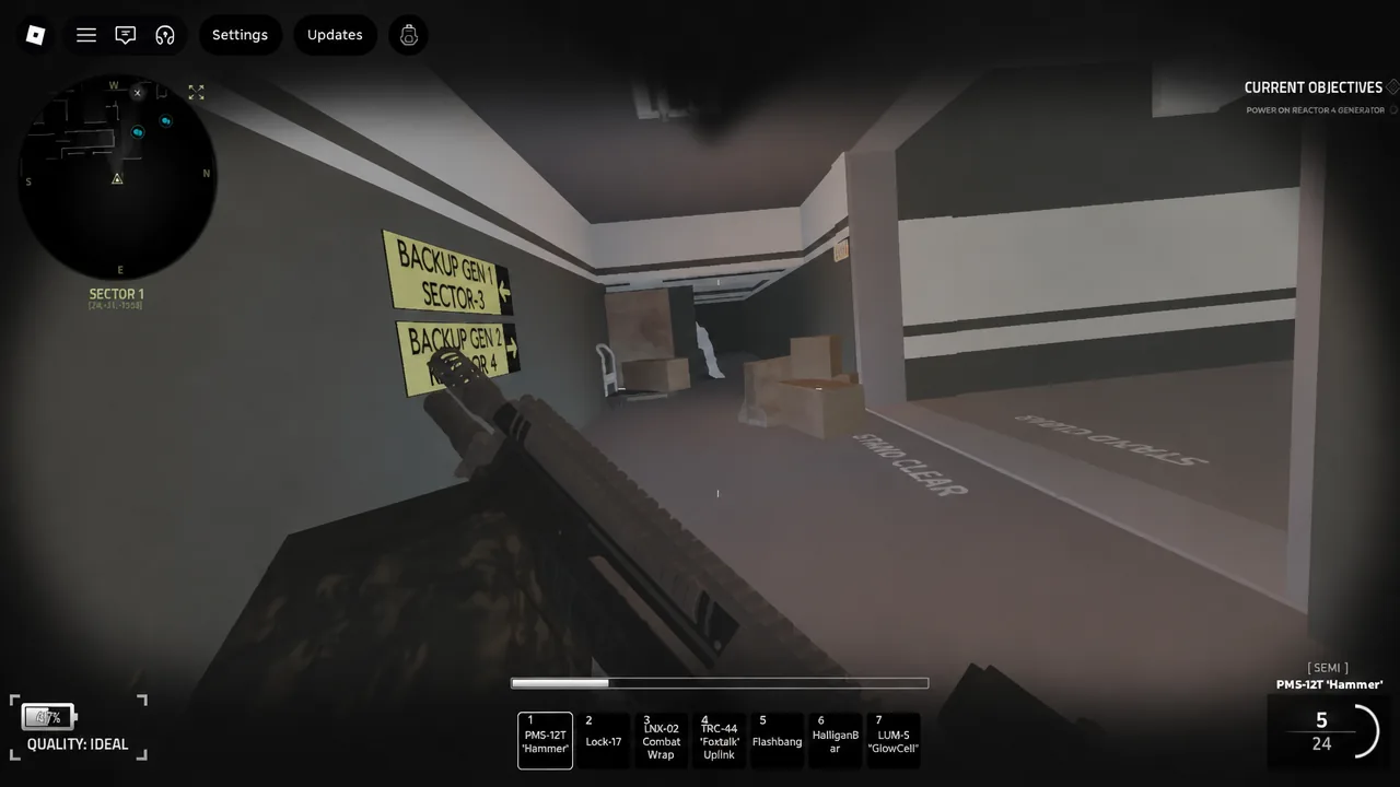 Weapon slot one showing the PM5-12T Hammer selected while following backup generator signage
