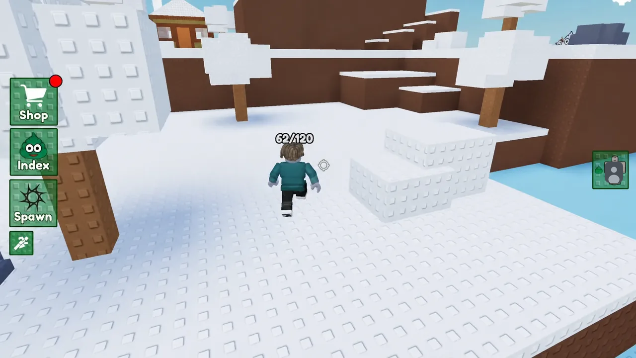 Avatar crossing the snow zone toward the igloo and cabin, with the Shop button flagged on the left