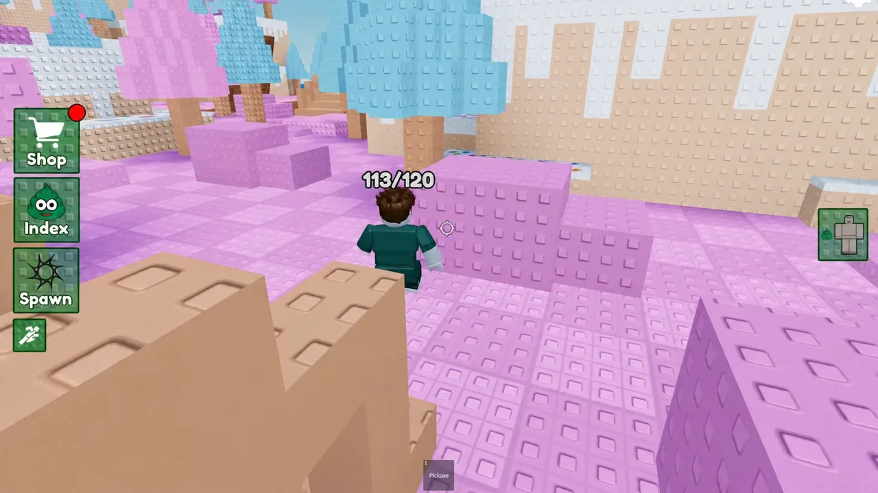 Avatar with the Pickaxe equipped moving through the brightly colored blocks of the Candy Land area