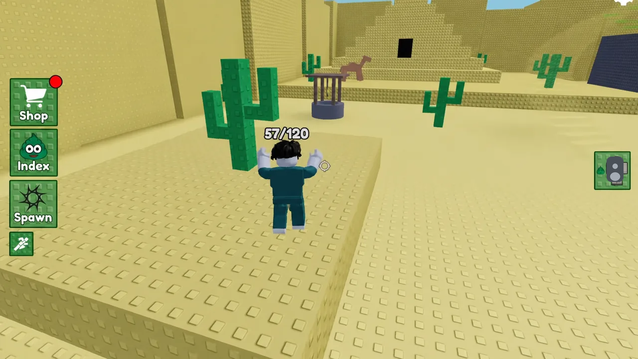 Crosshair centered on a caged object in the desert zone as the avatar lines up an approach