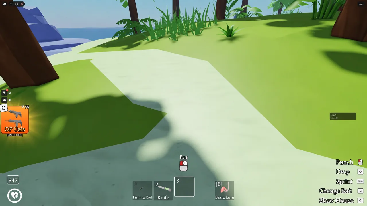 Hotbar showing the OP Uzis weapon card while an Eat prompt appears on the island
