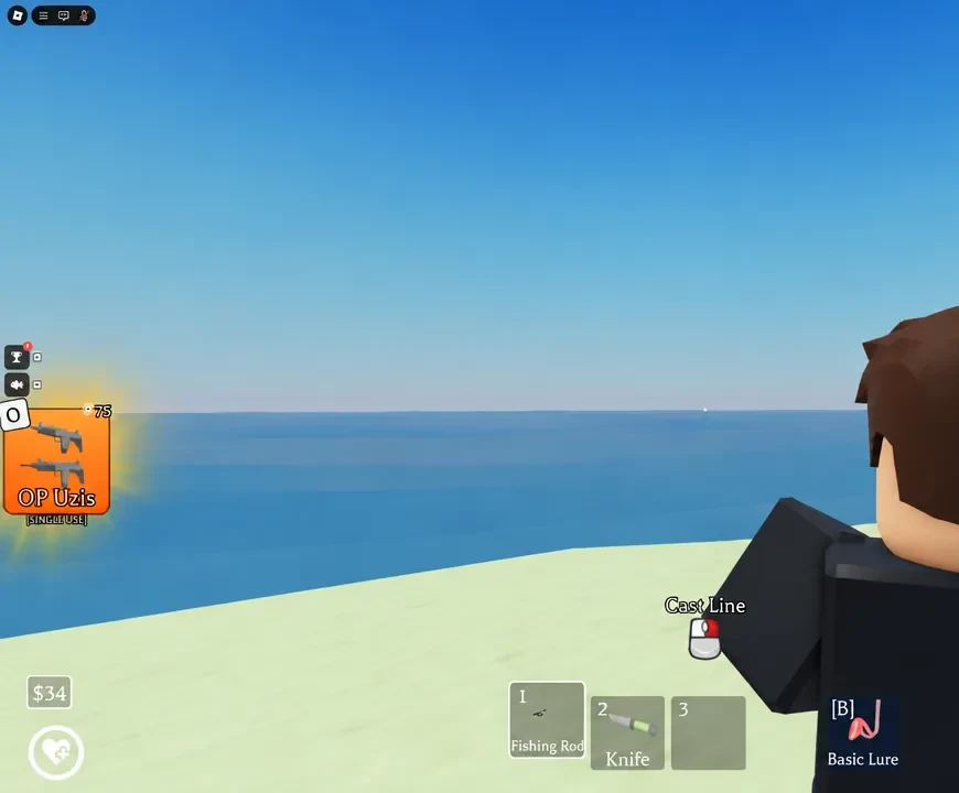 Player fishing from the Forest Island shoreline during a run