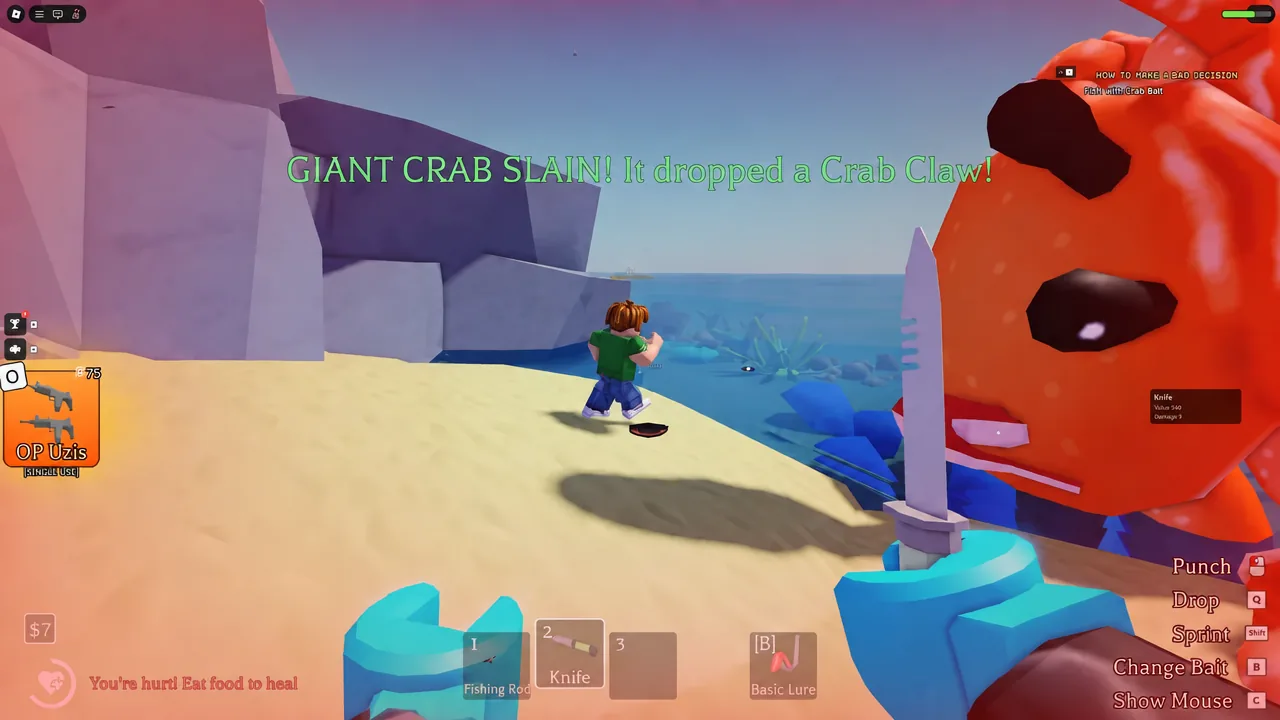 Knife equipped during the island boss fight with the quest tracker visible on screen