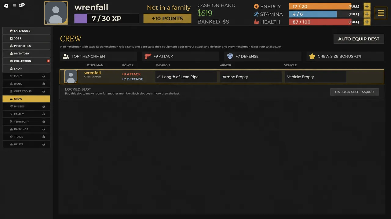 Crew screen showing the current henchman and open equipment slots