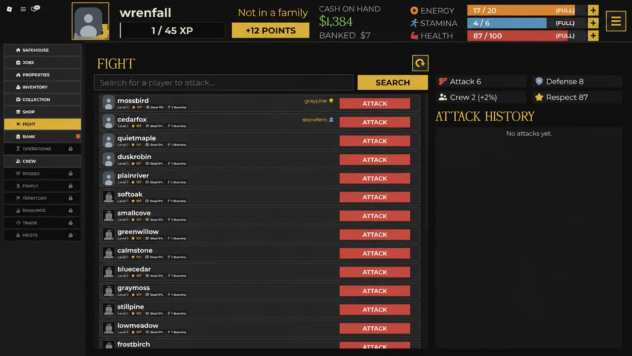 Fight tab with the player search box and search button for finding a target