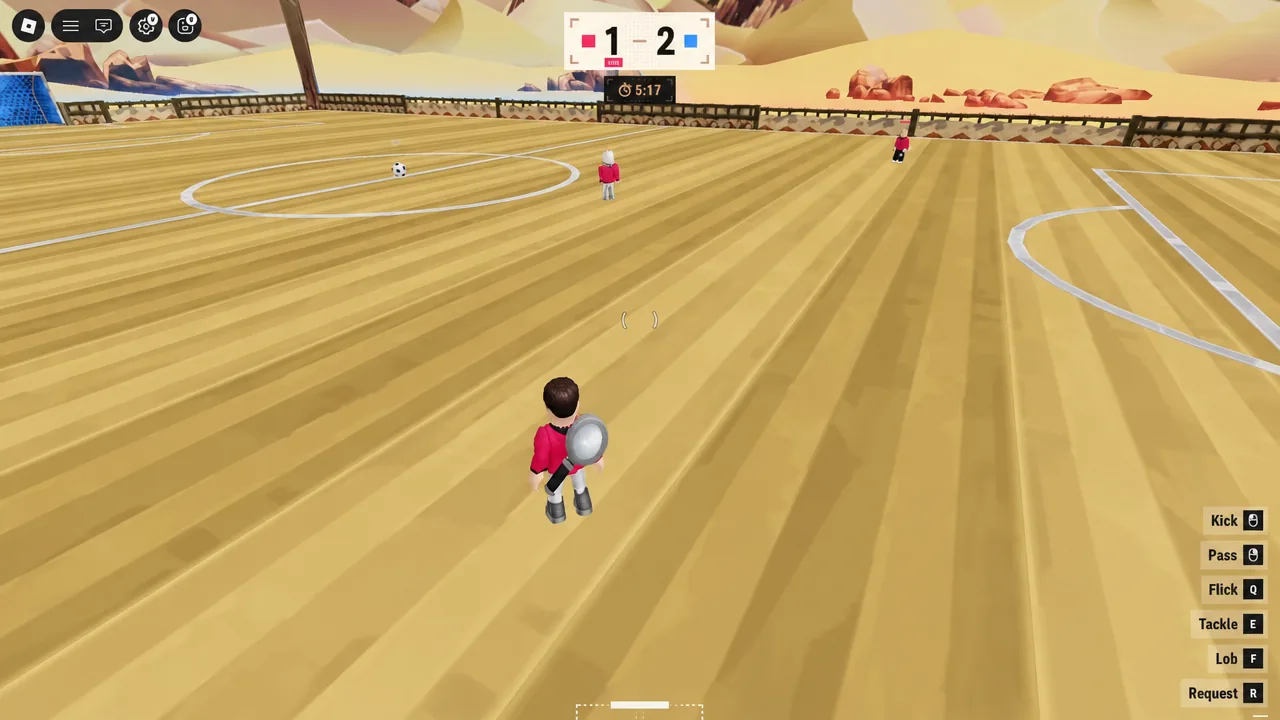 Player running onto a loose ball with the Kick, Pass, Flick, Tackle, Lob and Request prompts on screen