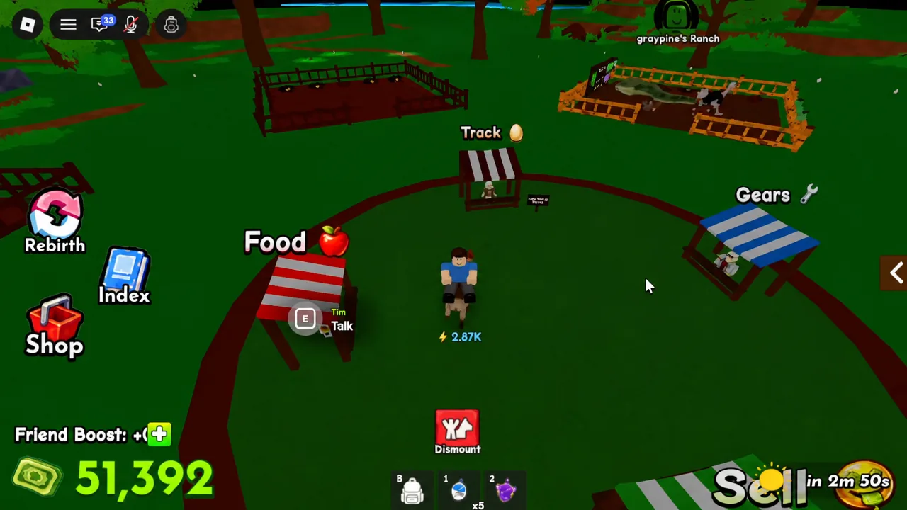 Gameplay screen: the Food stall’s “E Talk” prompt for Tim is highlighted, showing the player approaching him to begin a conversation