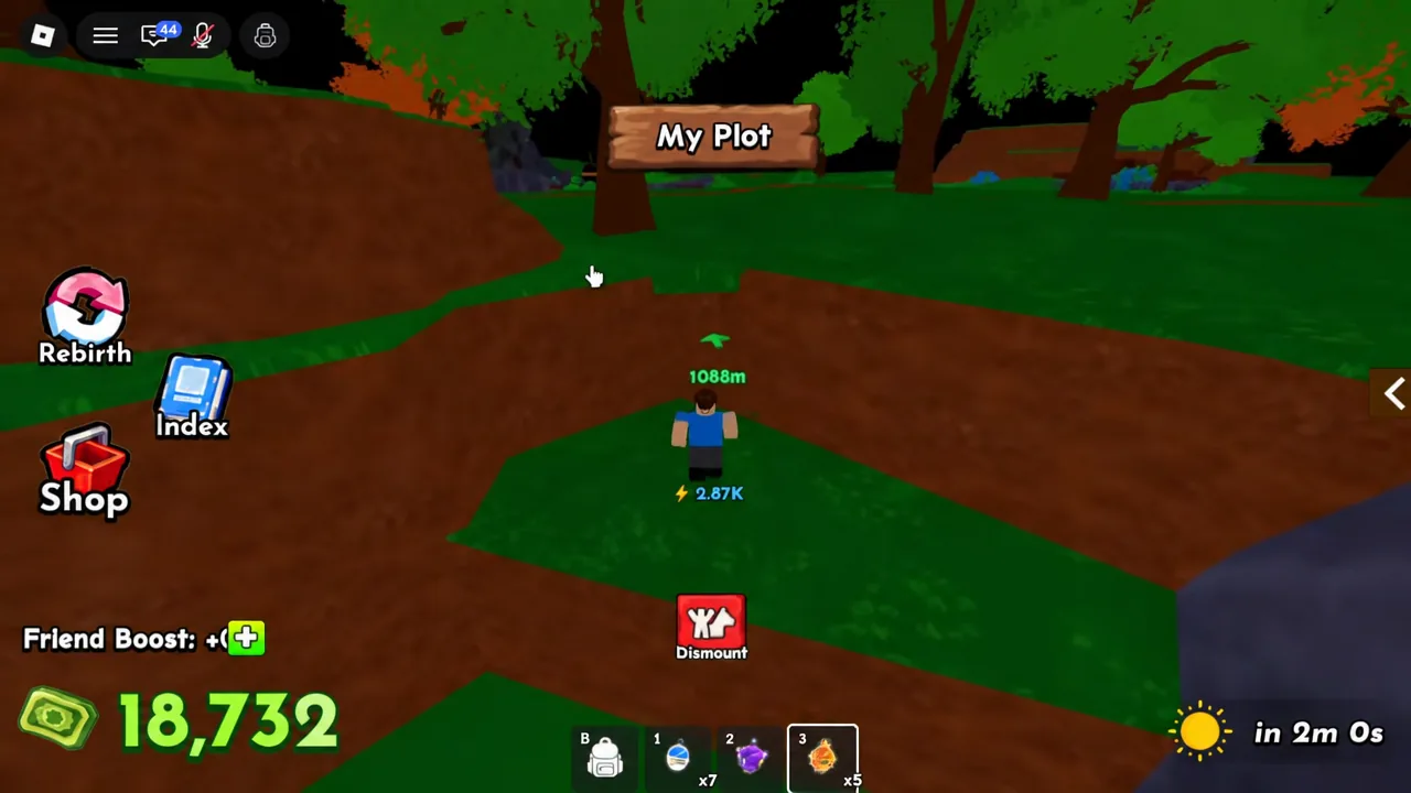 The “My Plot” screen is open while the avatar stands in the plot with hotbar item 3 selected