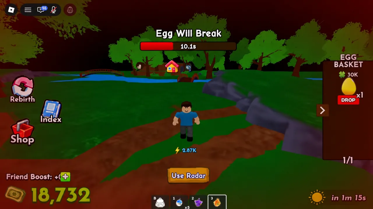 The Egg Basket panel shows one egg as the Egg Will Break countdown runs, with the Drop button available