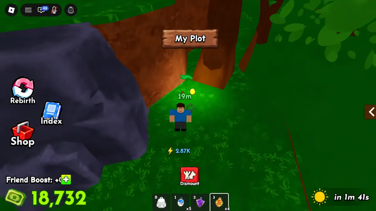 The My Plot screen shows hotbar item 3 highlighted while the player selects it in the plot