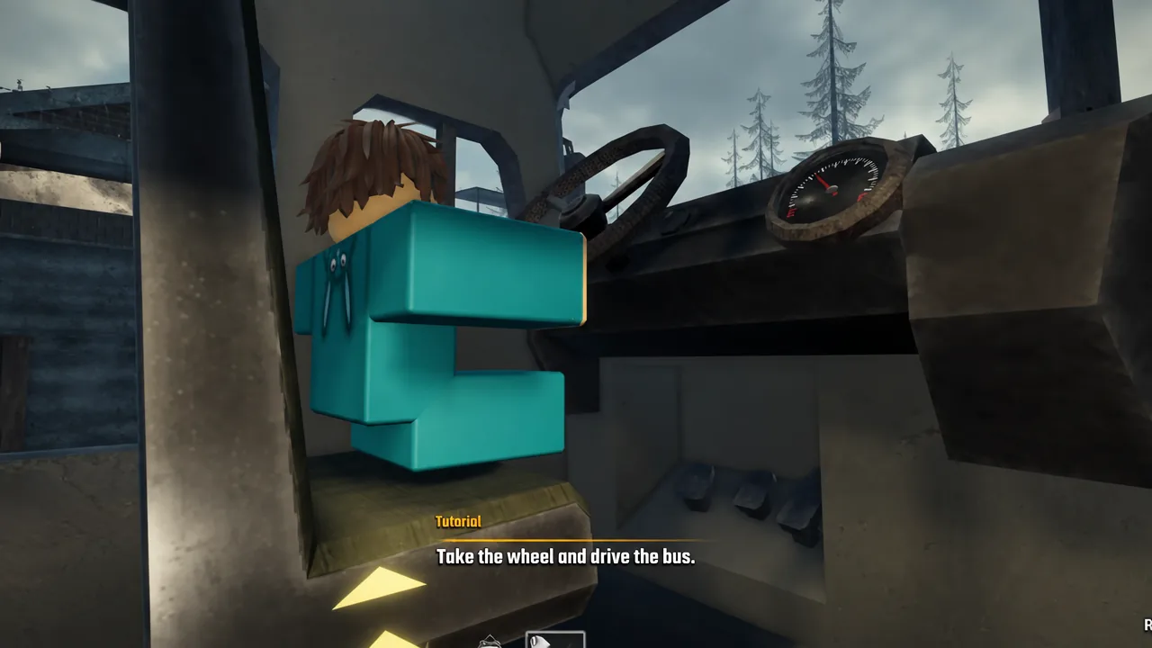 Tutorial prompt telling the player to take the wheel and drive the school bus