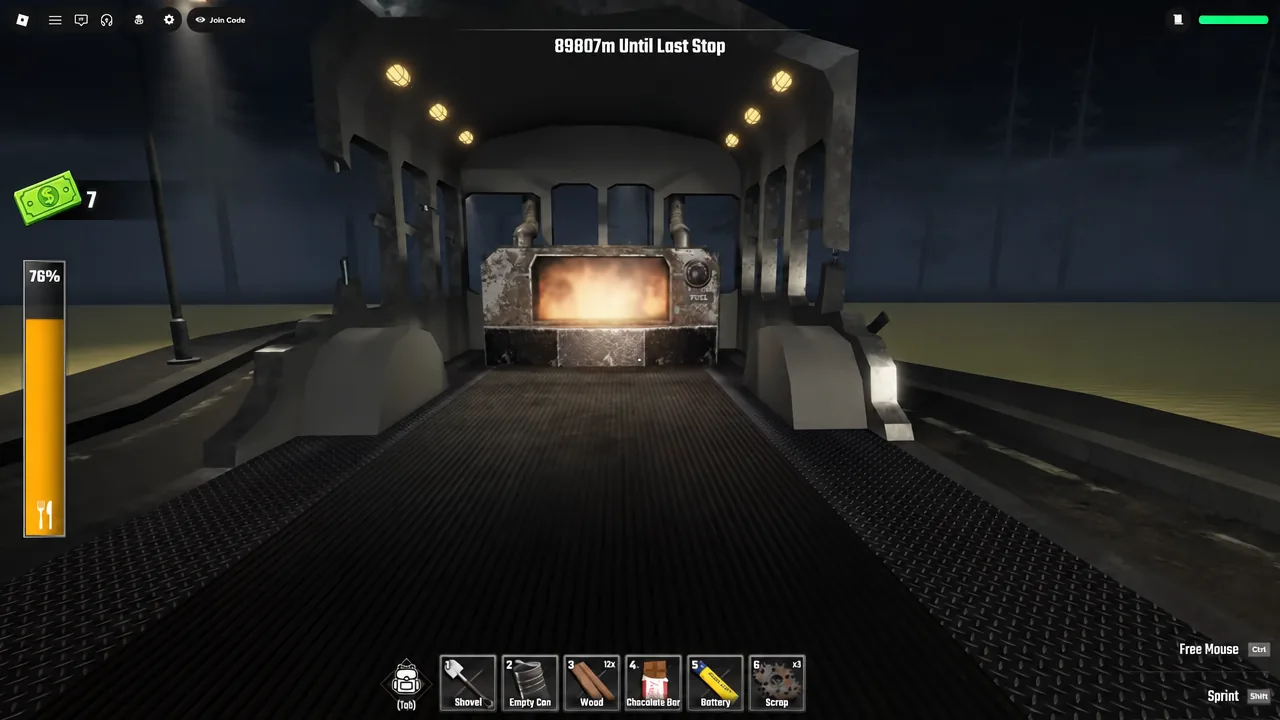 Shovel selected in the hotbar with the distance-to-last-stop counter on screen