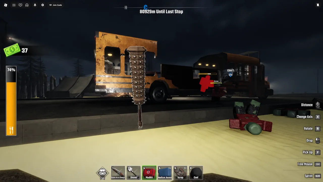 Player carrying a highlighted melee weapon beside the bus with placement prompts on screen