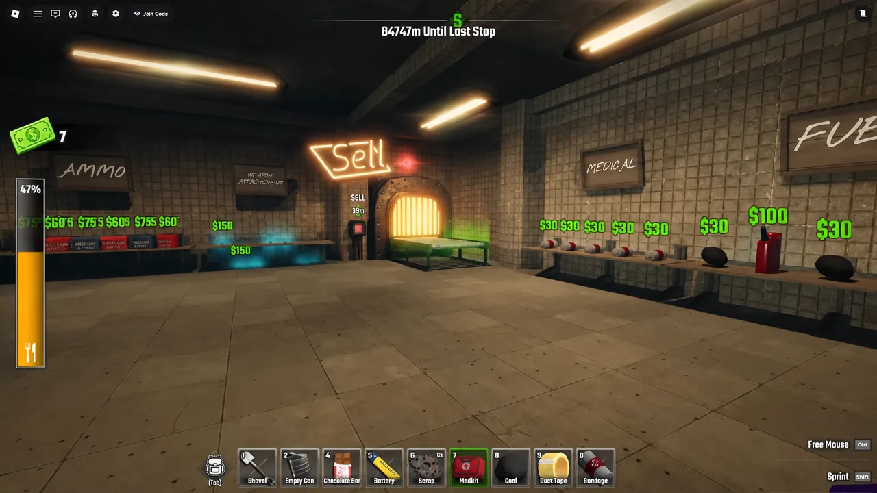 Terminal sell screen with a Medkit selected from the player's inventory