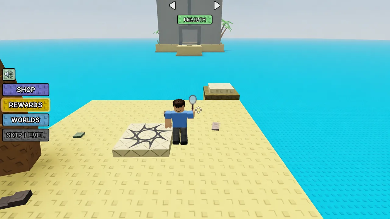 Player crossing the thin red and tan beams above the water on Level 9 of Palm Shore