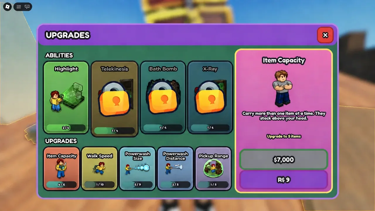 Upgrades screen with the Item Capacity option selected to raise carrying capacity to five items
