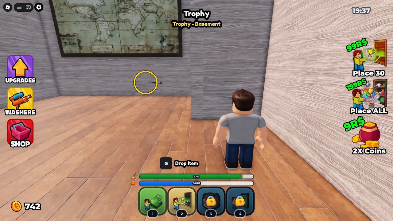 Avatar lining up a trophy against a highlighted wall placement spot in the basement