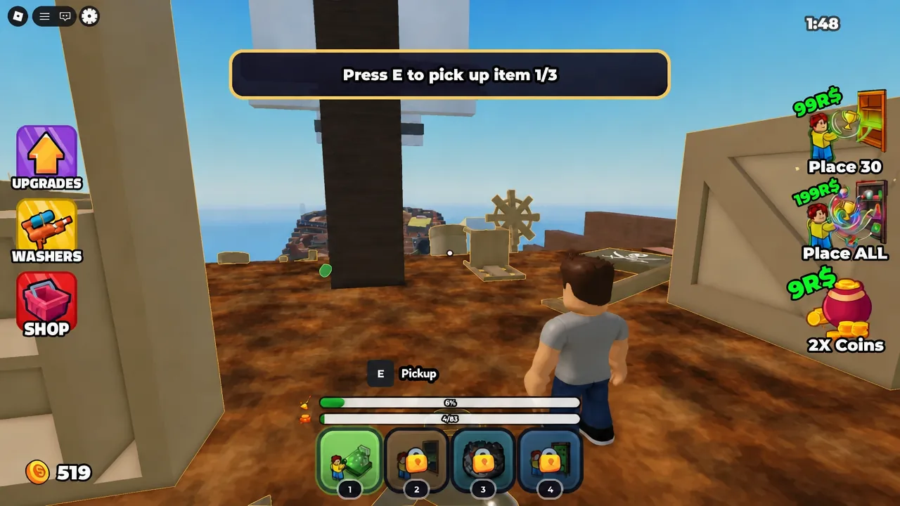 Pickup prompt showing the E key highlighted while holding item 1 of 3 below deck