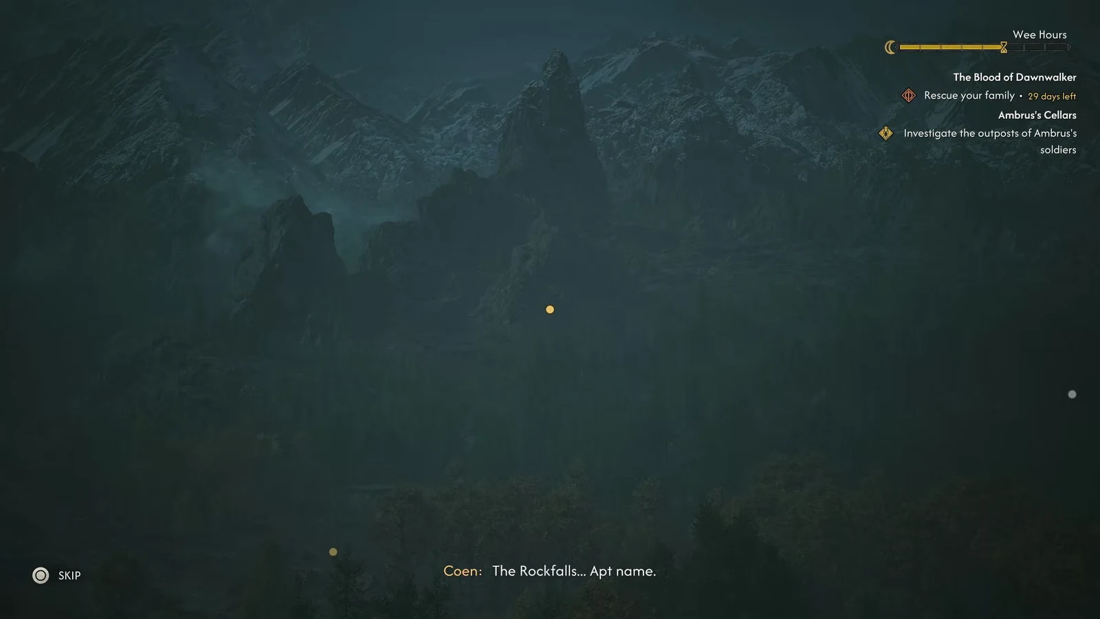 Coen remarks on the view from the tower with the subtitle The Rockfalls... Apt name