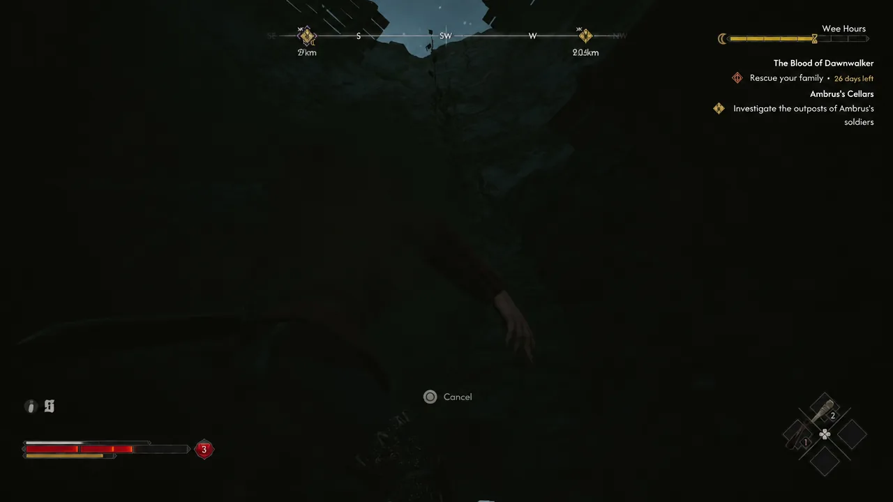 A held traversal action in progress inside the ruin, with a Cancel option shown on screen