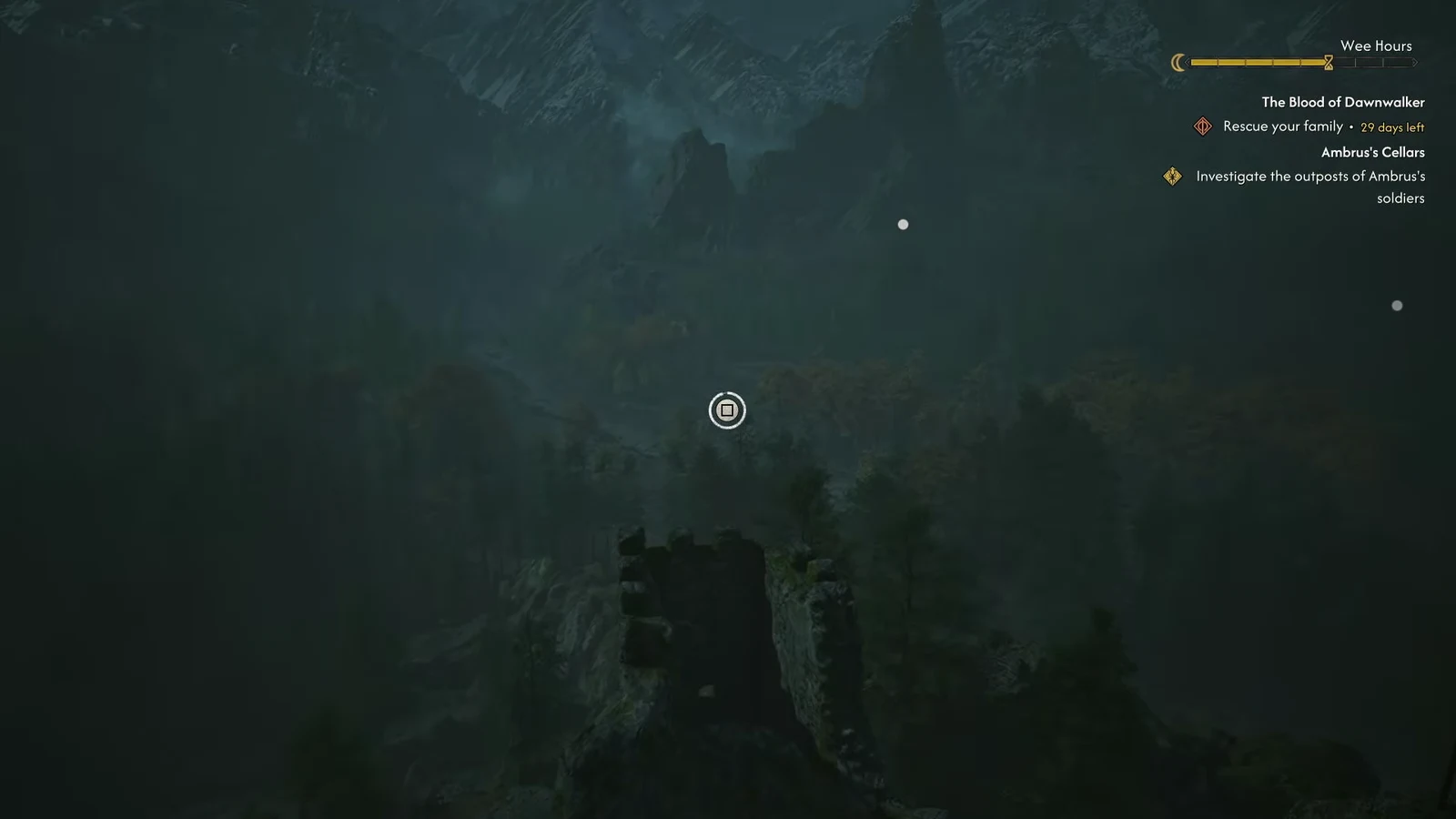 A centered button prompt appears for the survey interaction while the tower objective is tracked