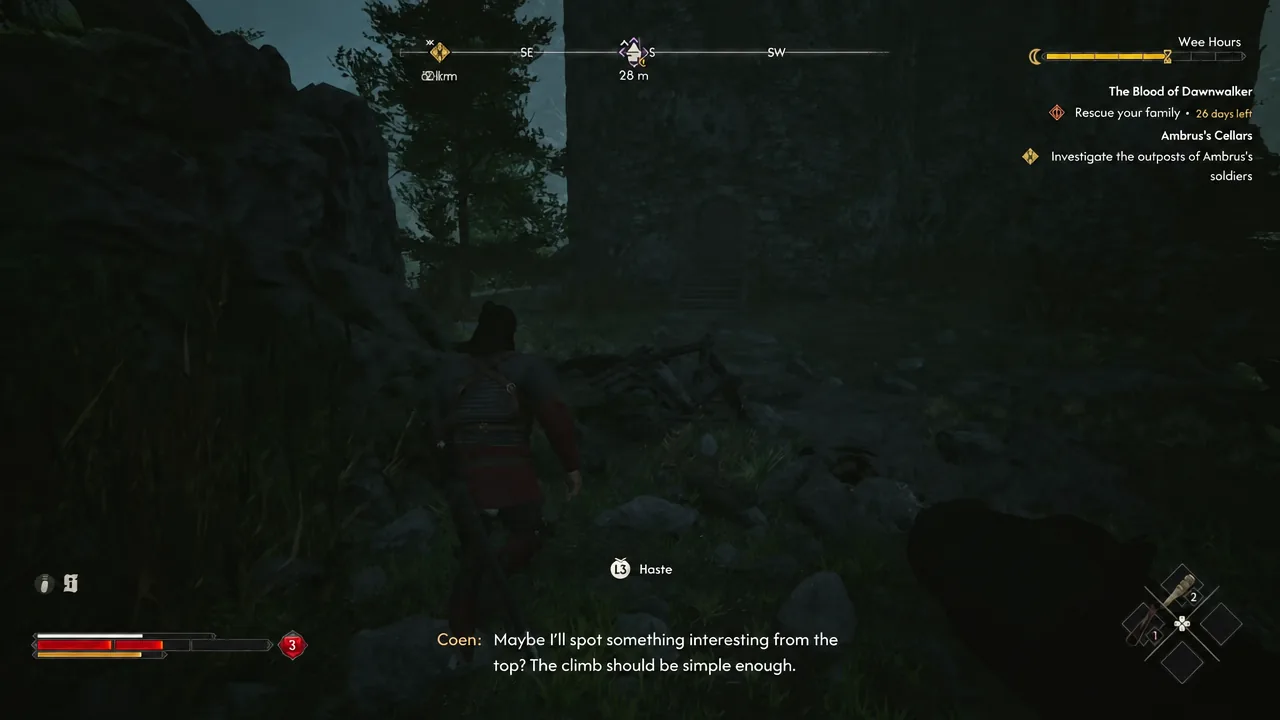 Approach to the ruined tower with the waypoint 28 meters away and the Haste prompt on screen