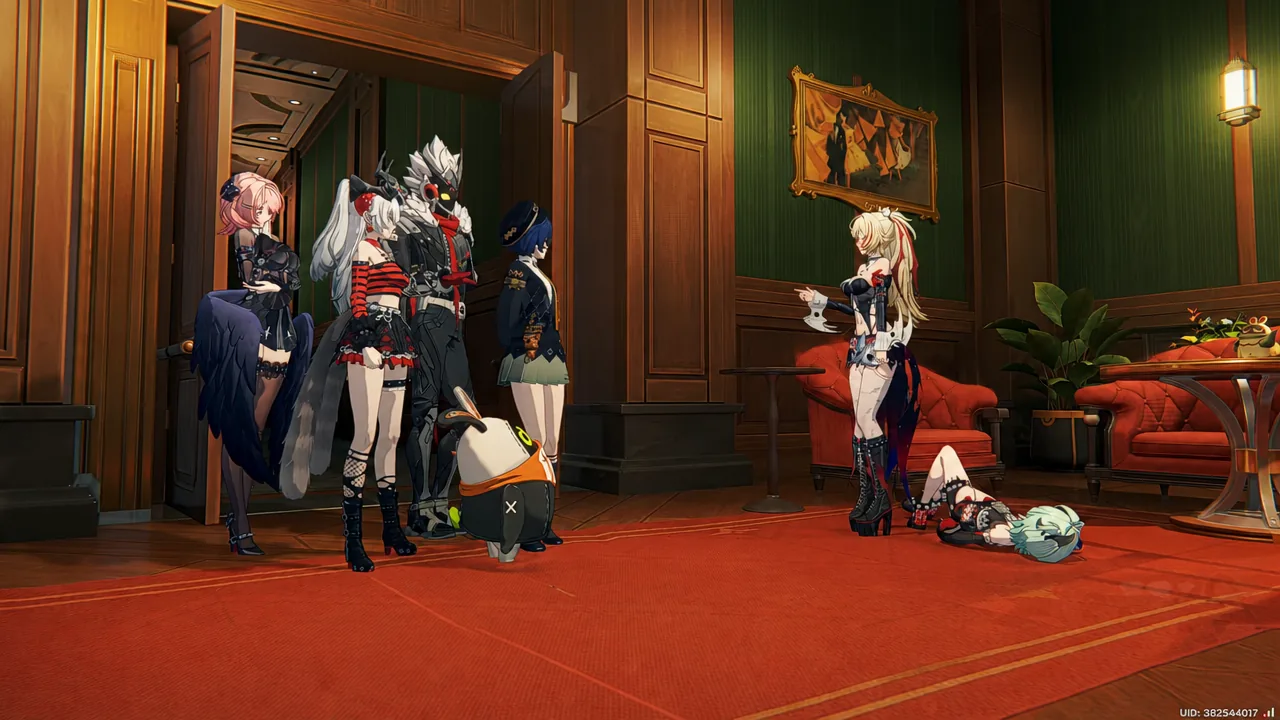 Characters gathered in a furnished lounge during a story scene, with one figure down on the floor