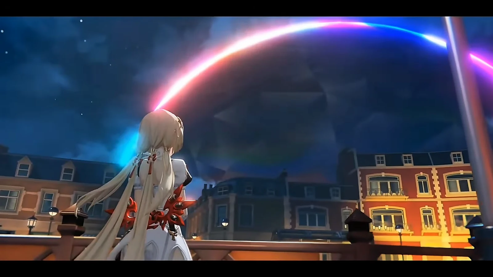 A character looking up at a rainbow-colored barrier stretched across the sky