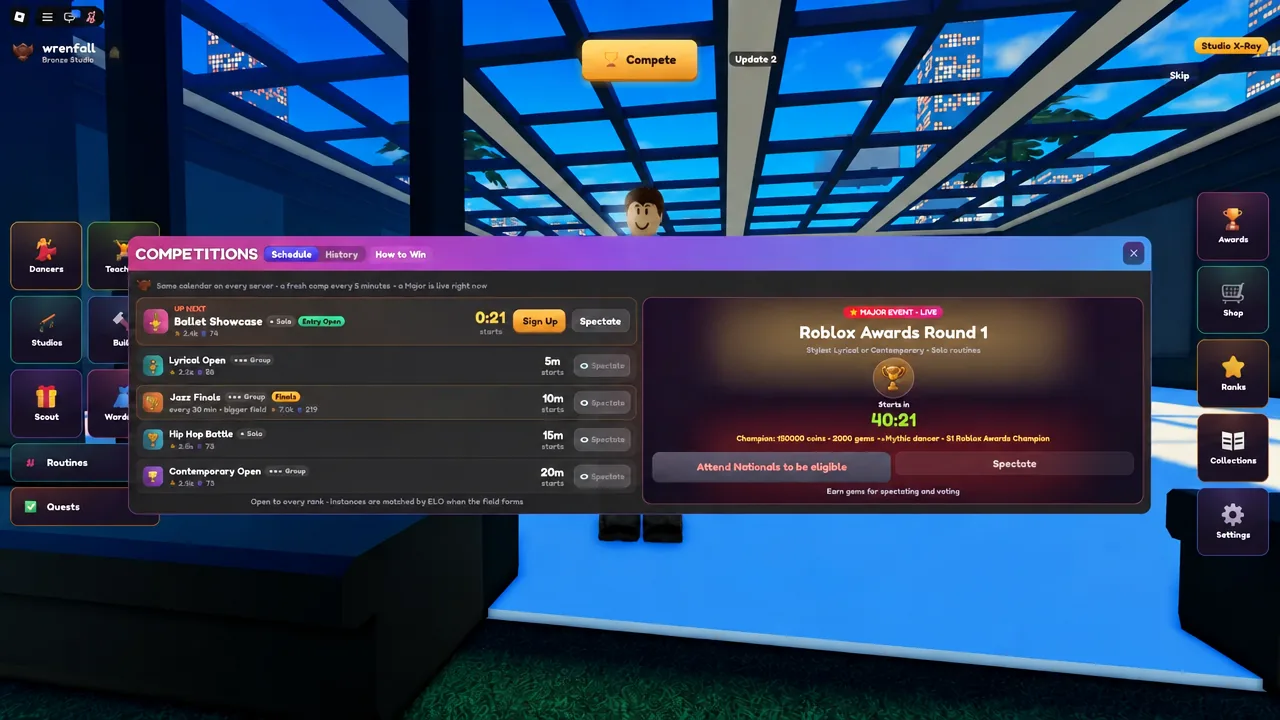 Competitions Schedule tab listing upcoming events including a Roblox Awards round