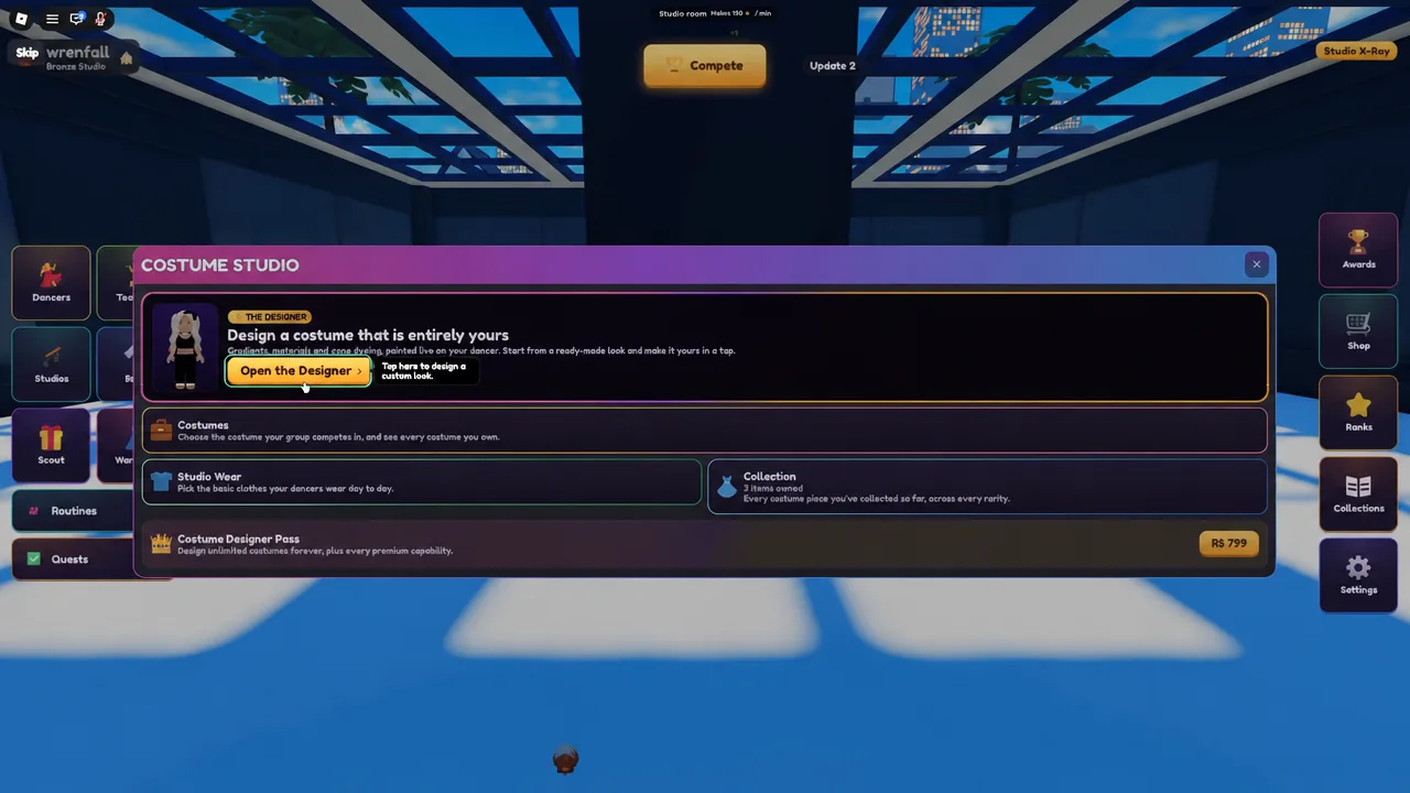 Costume Studio screen with the Open the Designer button highlighted
