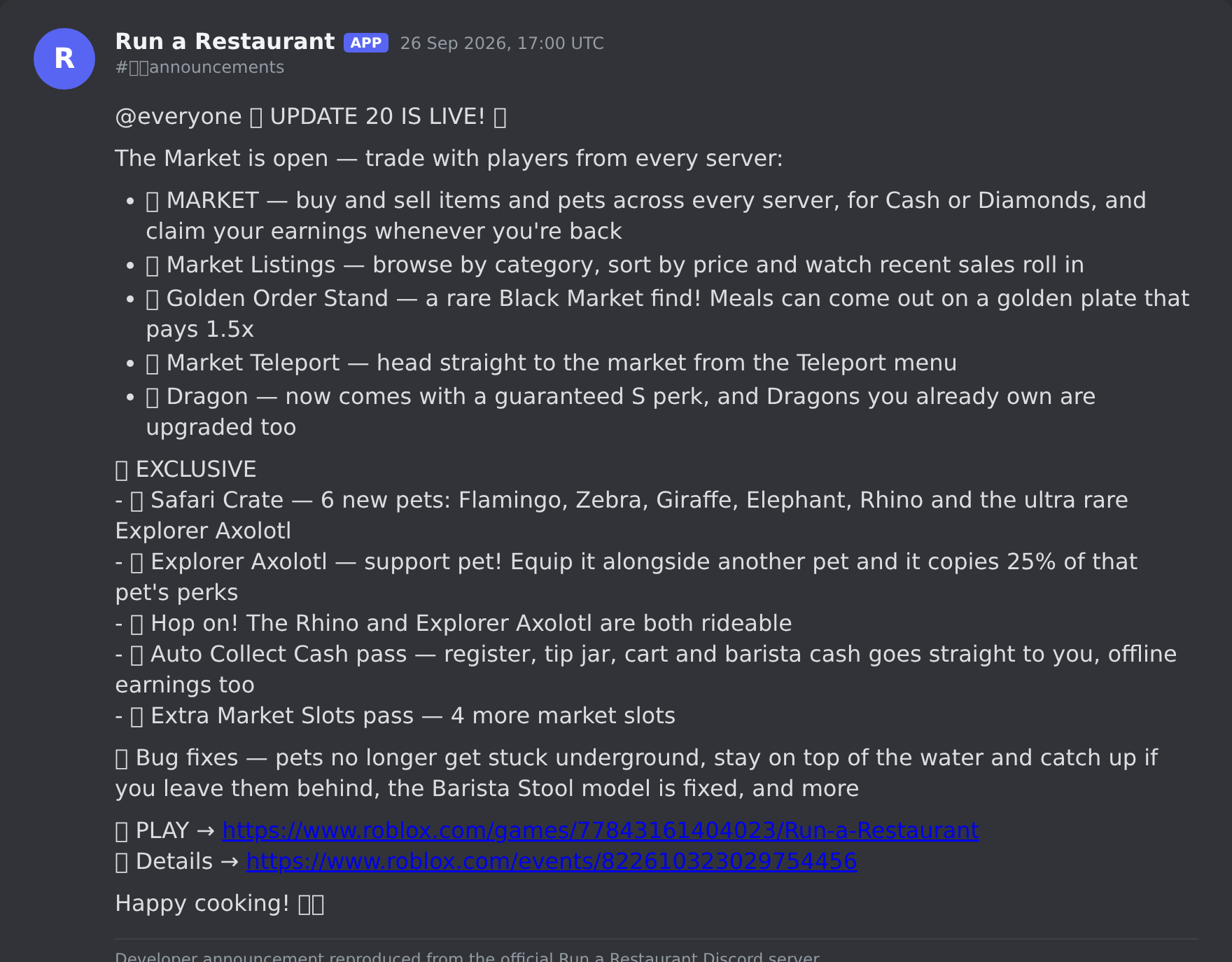 The Run a Restaurant update post in the game's Discord server