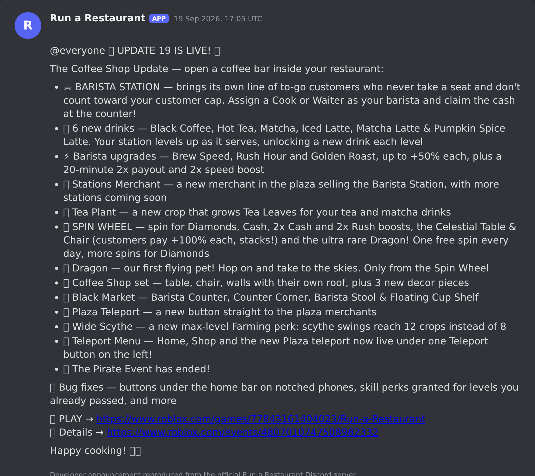 The Run a Restaurant update post in the game's Discord server