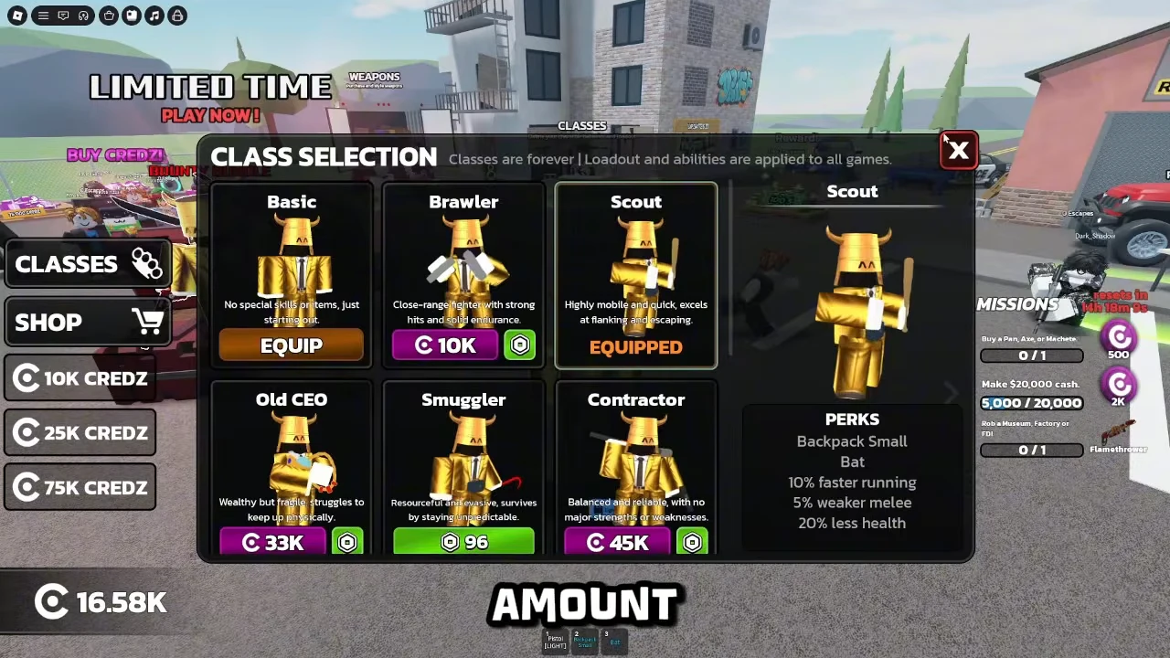 Class Selection menu in Runaways showing the Scout class equipped with its perks listed