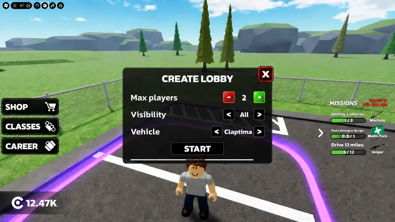 Create Lobby screen with the vehicle selector set to Claptima before pressing Start