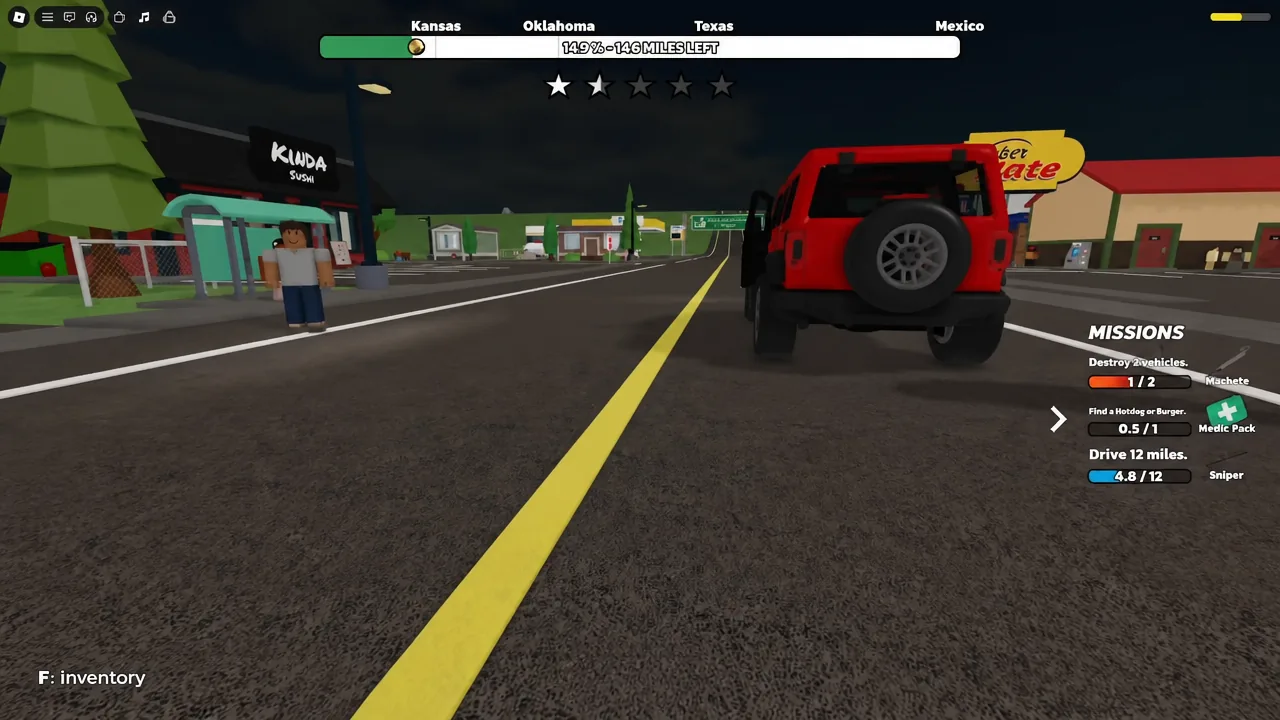 Missions list tracking vehicle destruction, finding a hotdog or burger, and driving 12 miles