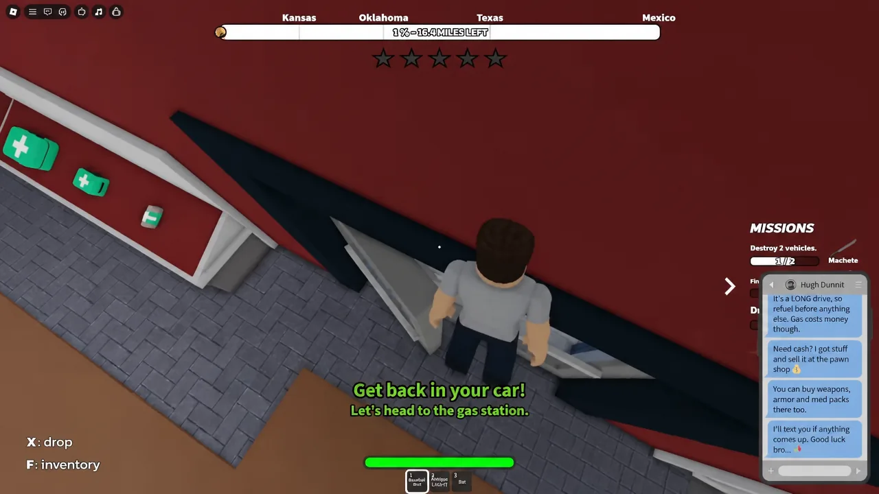 Missions panel showing Destroy 2 vehicles at one of two while the player returns to the car
