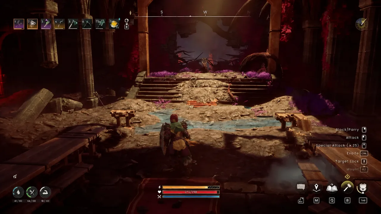 Character facing a ruined chamber in Fellhollow with combat controls and a Mount prompt on the HUD