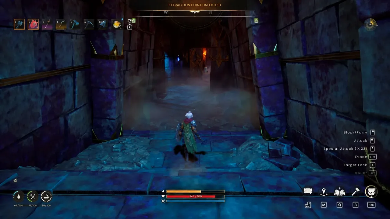 Player moving down a dungeon corridor as the Extraction Point Unlocked notification appears