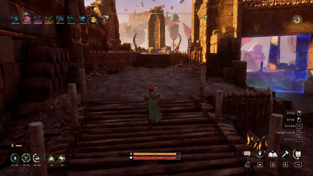 Player crossing a wooden bridge toward the fortress with movement and combat controls on screen
