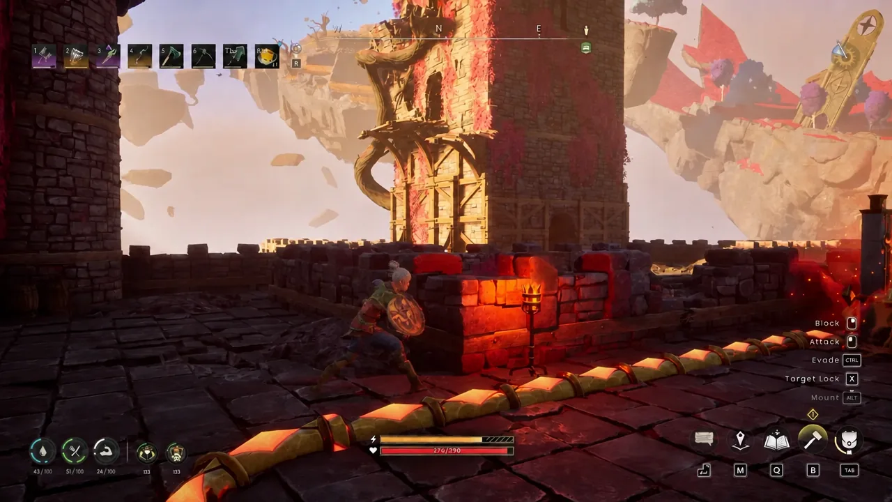 Character crouched behind cover with hotbar slot four selected and Block and Attack prompts visible