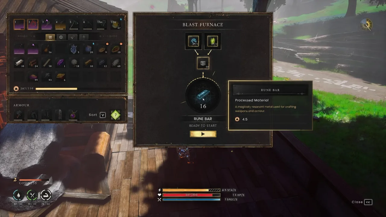 Blast Furnace menu with Rune Bar selected and the start button ready