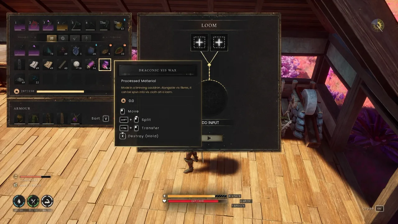 Loom screen with Draconic Vis Wax highlighted in the inventory before loading it in
