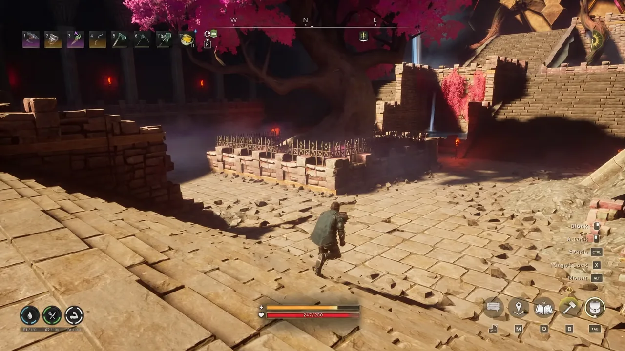 Player running through a stone courtyard in the raid with combat and mount prompts on screen