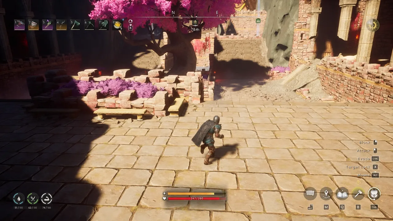 Player moving through stone ruins in the raid with the combat HUD visible