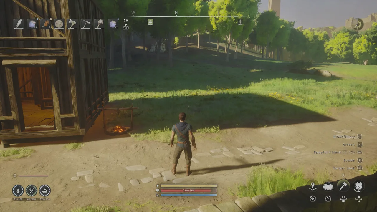 Player character standing outside a wooden shelter with the hotbar and combat controls on screen